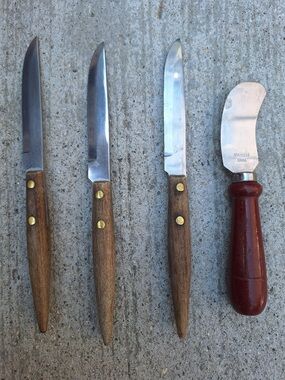 Vintage Wood Handle Kitchen Knife Set with Red-Handled Spreader